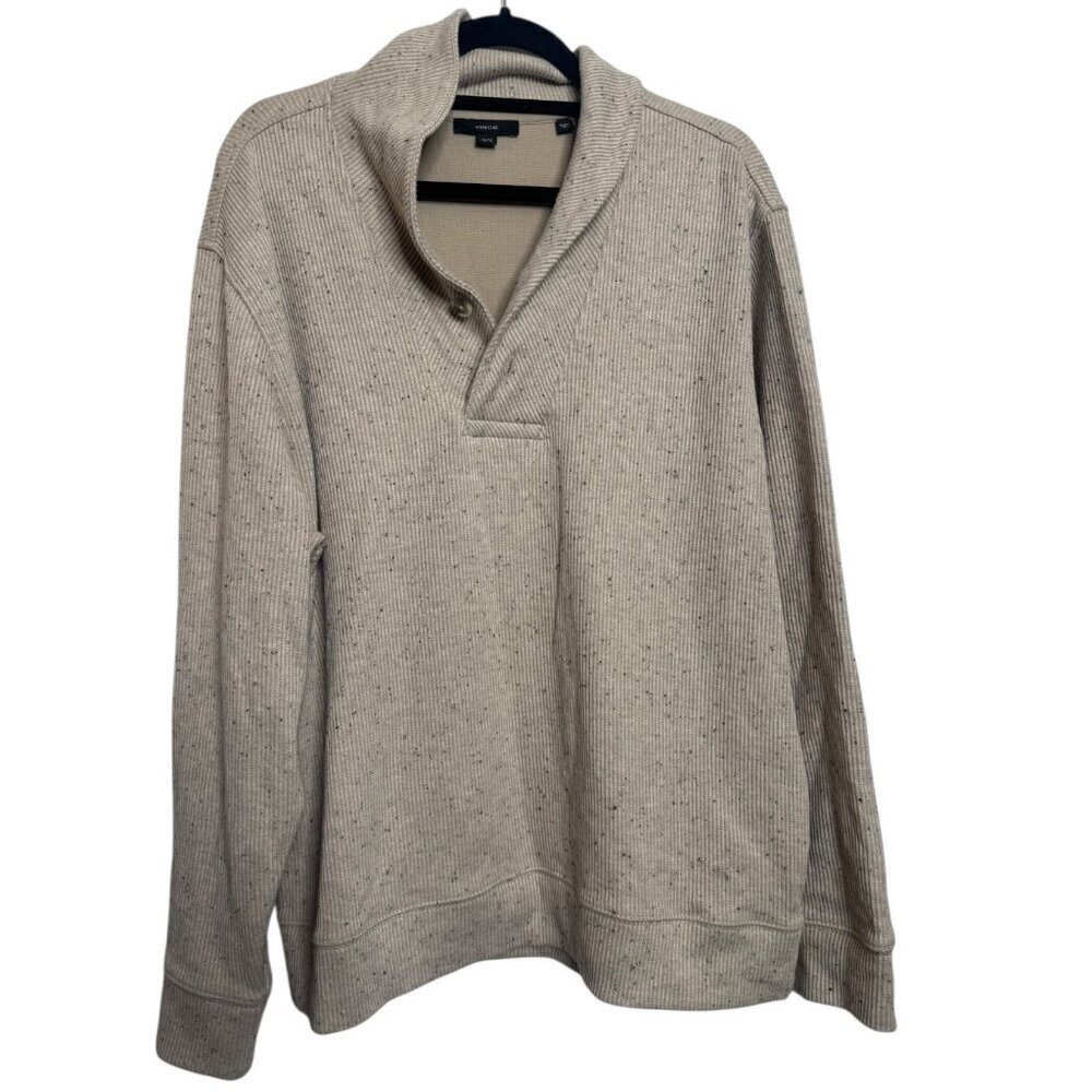 Vince Men’s 1/4 Button Pullover Sweatshirt XL Beige Ribbed Knit Casual Cozy